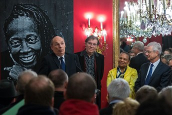 Exposition de Jef Aérosol à l'Assemblée Nationale mercredi 3 févrer 2015 en présence de Claude Bartolone, président de l'Assemblée, de Christiane Taubira et de bien d'autres personnes.