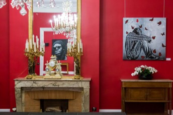 Exposition de Jef Aérosol à l'Assemblée Nationale mercredi 3 févrer 2015 en présence de Claude Bartolone, président de l'Assemblée, de Christiane Taubira et de bien d'autres personnes.