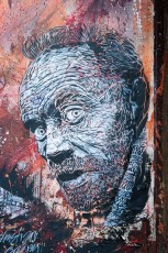 C215 à Vitry, un boulot splendide de Christian sur cette petite porte. Un premier pochoir du personnage central a été arraché partiellement mais Christian est revenu à la charge ! - Mai 2009