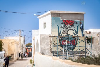 Shepard Fairey - Eyes open - Work in progress - Djerbahood - Erriadh - Djerba, Tunisie