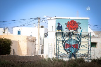 Shepard Fairey - Eyes open - Work in progress - Djerbahood - Erriadh - Djerba, Tunisie