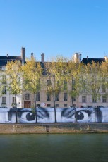 Affichage de JR sur l'Île Saint-Louis à Paris dans le cadre de son projet "Women are Heroes". Début de l'affichage en septembre 2009 à l'occasion de "La Nuit Blanche" (3 octobre), les photos ont disparues progressivement après de grosses pluies mi-octobre - Octobre 2009