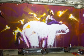 DAN23 pour la Nuit Blanche 2014. Work in progress. Carte blanche à Jef Aérosol qui a invité une dixaine d'artistes à la Halle Freyssinet - Paris 13è. Préparation des oeuvres pour la Nuit Blanche du samedi 4 octobre 2014.