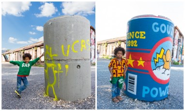 Lucas et Manon à l'In Situ Art Festival d'Aubervilliers, ici avec l'artiste Ripo. Entre avril et juin 2014, j'ai emmené plusieurs fois les enfants à Aubervilliers pour qu'ils profitent du site et à chaque fois ils ont pu prendre des bombes pour peindre sur les murs, les pierres, les voitures !