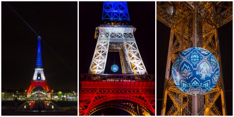 Shepard Fairey (aka Obey) - Earth Crisis - Oeuvre suspendue au coeur de la Tour Eiffel, présentée du 20 au 26 novembre 2015 à l'occasion de l'ouverture de la COP21.