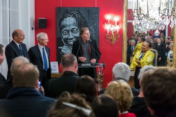 Exposition de Jef Aérosol à l'Assemblée Nationale mercredi 3 févrer 2015 en présence de Claude Bartolone, président de l'Assemblée, de Christiane Taubira et de bien d'autres personnes.