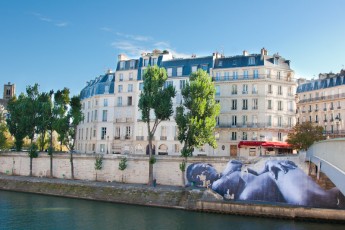 Affichage de JR sur l'Île Saint-Louis à Paris dans le cadre de son projet "Women are Heroes". Début de l'affichage en septembre 2009 à l'occasion de "La Nuit Blanche" (3 octobre), les photos ont disparues progressivement après de grosses pluies mi-octobre - Octobre 2009